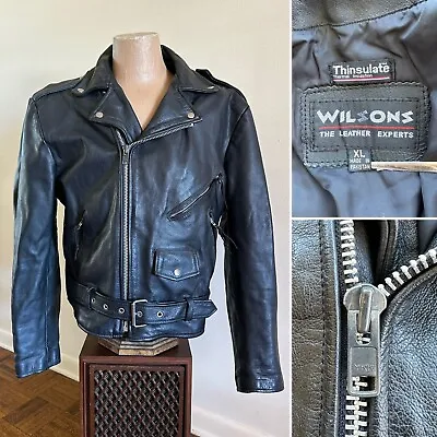 Vtg WILSONS Men’s Black Leather Belted Motorcycle Jacket XL Biker Thinsulate • $133.50