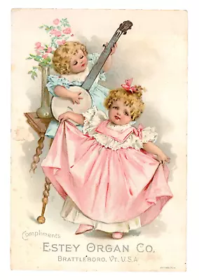 C.1890 Estey Organ Trade Card Pink Blue Dress Banjo Dancing Children Brattleboro • $14.99