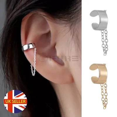 Hypoallergenic Clip On Silver Gold Band Chain Cuff Ear Wrap No Piercing Earrings • £3.99