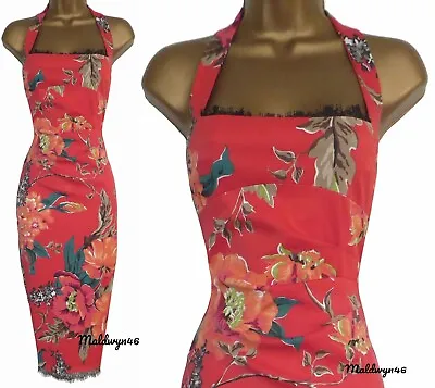 Karen Millen ✩ Stunning Red Orange Floral Halter Pencil Wiggle Dress ✩ Uk 10 • £79.99