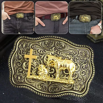 Men Rock Belt Buckle Western Cross Animal Long Huge Rodeo Big Cowboy Shine Gold • $10.48