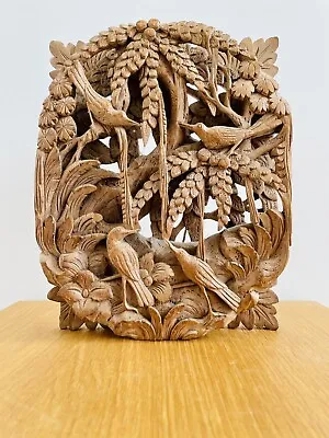 £99.99 • Buy Detailed Hand Carved Balinese Wooden Panel Of Birds And Trees