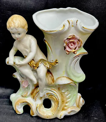 Vintage Japan Chase Ceramic Figurine Bud Vase Cherub With Flowers • $10