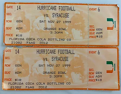 Miami Hurricanes 🏈 Football Vs Syracuse 1999  2 Unused Tickets Orange Bowl • $6.99