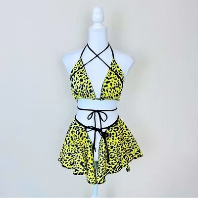 McEwan Studio Yellow & Black Leopard Print Triangle Top & Tie Skirt Rave Set • $65