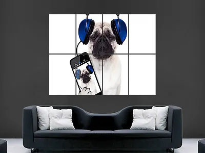 £18.95 • Buy Pug Funny Music Headphones  Giant Wall Poster Art Picture Print Large Huge