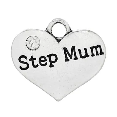 10 X Step Mum Antique Silver Family Word Rhinestone Heart Charm Pendants 16mm • £4.95