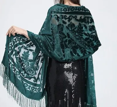Vintage Green Silk Blend  Velvet Devore Scarf Shawl Wrap • £17