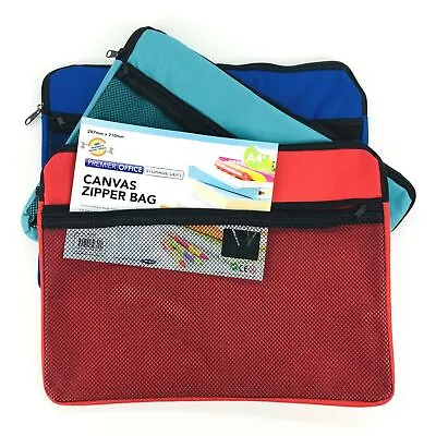 A4 Canvas Zipper Bag Twin Pocket Document Folder Case Mesh Wallet School Office • £4.94