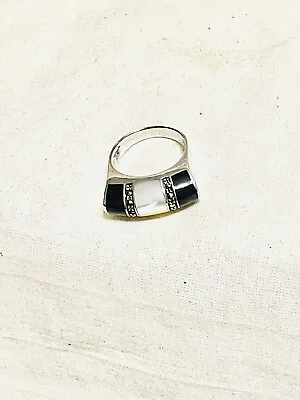 *ART DECO STYLE* Vintage🔥STERLING Silver Ring🔥ONYX & Mother Of PEARL CENTER!! • $22.99