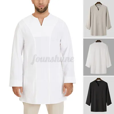 Mens Islam Muslim Abaya Long Sleeve Kurta T Shirt V Neck Casual Party Top Blouse • £15.48