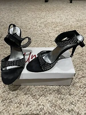Unze By Shalimar Shoes Size 5 Black With Silver Diamontes Strappy High Heels • £15