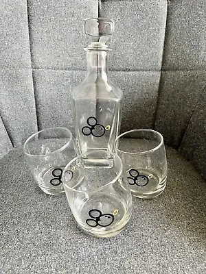 Rare✨Disney Mickey Mouse Glass Olive Nose Decanter + 3 Abstract Slanted Tumblers • $99.99