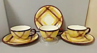 Vernonware Organdie Brown Yellow Plaid Demitasse Set Of 3 Cups Saucers • $29.95