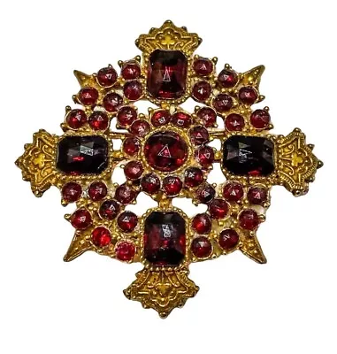 Brooch Signed ART Arthur Pepper Maltese Cross 1.75” Faux Ruby Glass GoldTone • $44.10