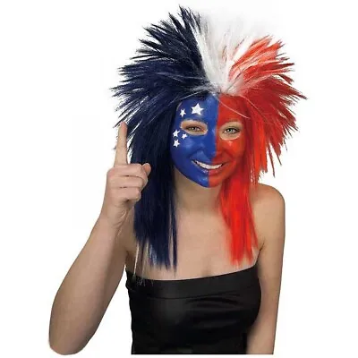 Crazy Sports Fan Wig Unisex Adult Fanatic Funny Costume Red White Blue Patriotic • $13.99