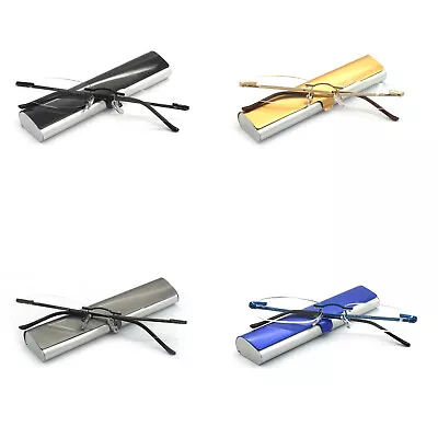 EYE ZOOM 4 Pack Metal Rimless Reading Glasses With Spring Hinge Light Slim Case • $27.99