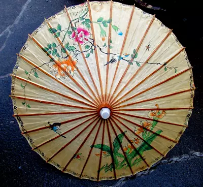 Vintage Asian Rice Paper Parasol Umbrella Hand Painted Butterfly & Floral Bamboo • $16.99