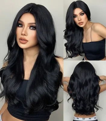 Black Cosplay Wig Long Wavy Heat Resistant Synthetic Hair Black Women Rose Net • £16.99