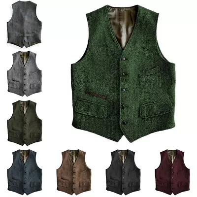 Mens Tweed Vest Vintage Cowboy Hunting Herringbone Wool Vests M Large XL XXL 3XL • $19.99