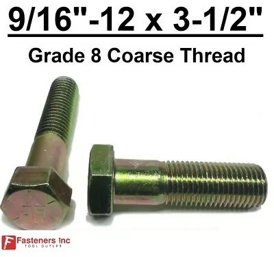 9/16-12 X 3-1/2  Hex Bolt Yellow Zinc Plated Grade 8 Cap Screw Coarse Thread • $10.58