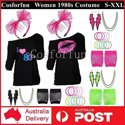 Women 1980s Costume Ladies 80s Party Fancy Dress 80's T-shirt Accessories Set AU • $34.69
