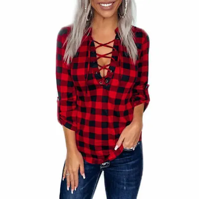 Women Plaid Checked V Neck Shirt Ladies Long Sleeve Lace Up Blouse Casual Tops • £10.89