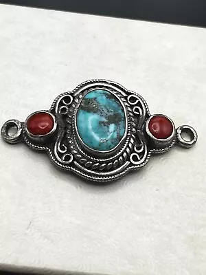 Vintage Native American Southwestern Sterling Silver Turquoise And Coral Pendant • $67.15