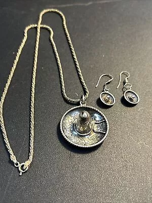 Vintage Sterling Sombrero Pendant  Earrings & Rope Chain  Signed. See Pics • £24.32