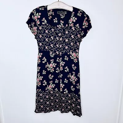 Y2K Vintage Starina Dress Navy Floral Short Sleeve Size Small Grunge Cottagecore • $23.20