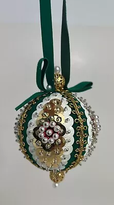 Vtg Bead Sequin Christmas Ornament Green Gold Red White Round • $6.50