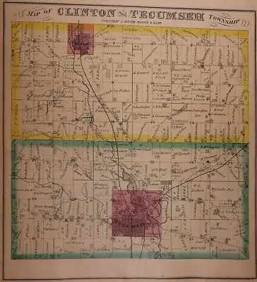 1874 Plat Map CLINTON & TECUMSEH Twp. LENAWEE Co. MICHIGAN / View On Reverse • $45.95