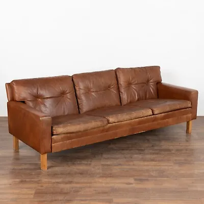 Mid Century Three Seat Brown Leather Sofa Denmark Circa 1960 • $2500