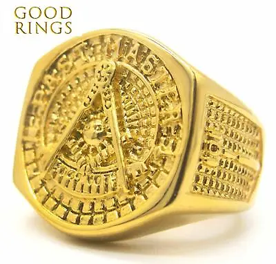 NEW Mens 316L Steel Gold Plated Masonic Past Master Ring Size 7 8 9-15 • $16.90