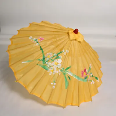 Vintage Hand Painted Wagasa Umbrella Yellow Wood Handle Costume Prop Japanese • $39.89