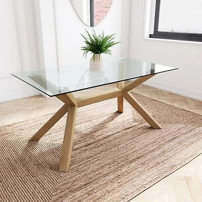 Large Rectangle Glass Top Dining Table With Solid Oak Legs - Nori NOR002 • £309.92