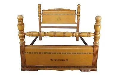 Vintage Late Art Deco Mahogany Waterfall  Full Size Burl & Inlay 4 Poster Bed • $998.75