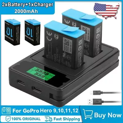 2* Hero 9 10 11 12 Battery & 2-Channel Charger For Gopro Hero 9 10 11 12 Camera • $18.98