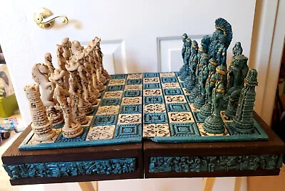 Vintage Aztec Mayan & Conquistadors Folding Chess Set ~ Turquoise & White • $239.95