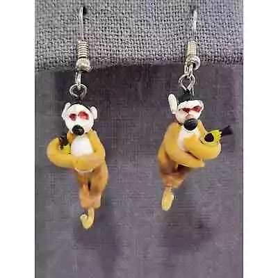 Hand Painted Monkey Holding Banana Dangle Hook Earrings 2.5  Lightweight • $25