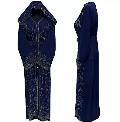 Luxury Women Blue Stone Works Abaya Jalabiya Arab Long Dress • £48