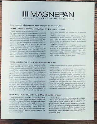 Magnepan Magneplanar Speakers FAQ 3pg Foldout Dealer Brochure *Orig* • $19.97