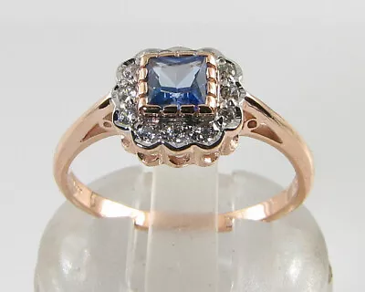 DAINTY 9k ROSE GOLD CEYLON SAPPHIRE And DIAMOND ART DECO INS HALO RING Size O • £359