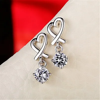 925 Sterling Silver Open Love Heart Ribbon CZ Drop Dangle Stud Earrings Gift UK • £3.49