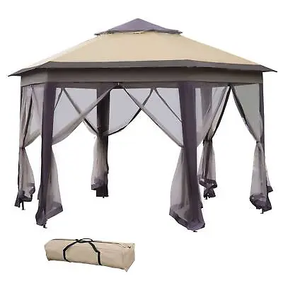 Outsunny 4x4m Hexagon Gazebo W/ Metal Frame Mesh Curtains Outdoor Garden Beige • £149.99