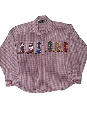 Vintage Western Red Boot Embroidered Button Up Shirt M (missing One Button) • $13.56