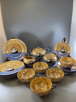 19 Pc Takito TT Japanese Lusterware Tea Set Peach Blue Nautical Vintage • $125