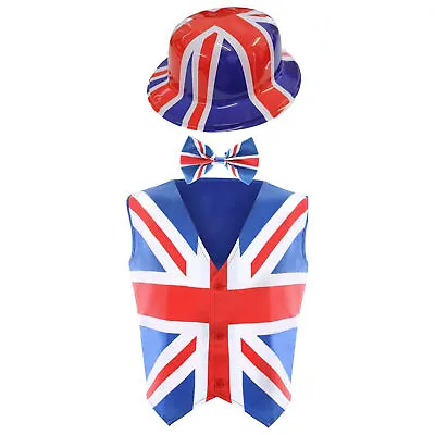 King Coronation Union Jack Waistcoat Bowler Hat & Bowtie Royal Fancy Dress • £11.99