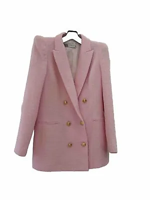 Nwt Zara Textured Tweed Long Fitted Pink Bloggers Blazer Jacket Xs • $120