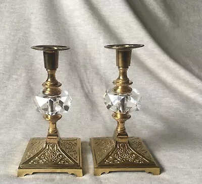 Pair Of Elegant Quality Vintage Faceted Crystal & Brass 7.25  Tall Candle Sticks • $39.99